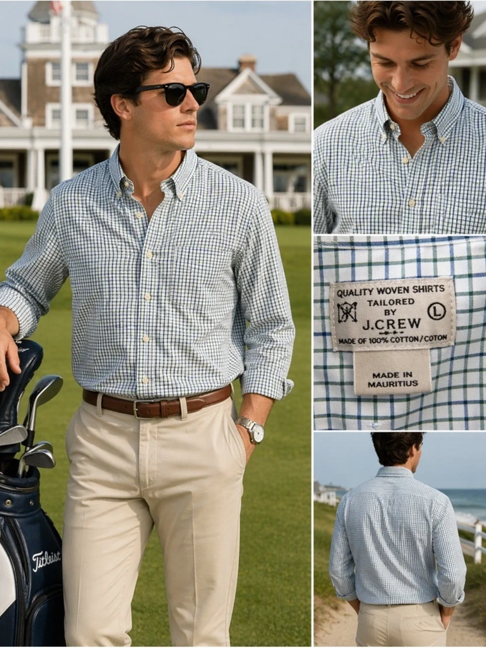 J.Crew Check Button Down Shirt L Green Blue Preppy Golf Office Classic P40